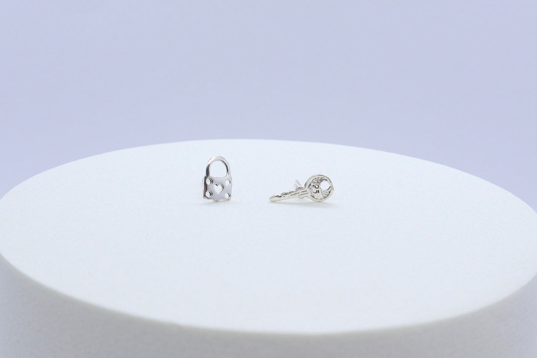 Sterling silver tiny key and lock stud earrings, key and lock earrings, key studs, lock studs, mismatched key and lock, set key lock, gift