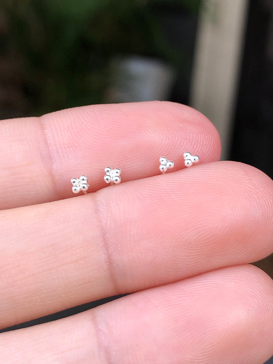 925 sterling silver tiny ball stud earrings, triple dot earrings, small flower earrings, four balls, tiny earrings, tiny ball earrings, stud