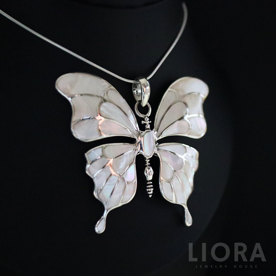 Large Mother of Pearl Butterfly Pendant Necklace, Butterfly Pendant Statement, Silver Pearl Butterfly, MOP Butterfly, Butterfly Jewelry Gift