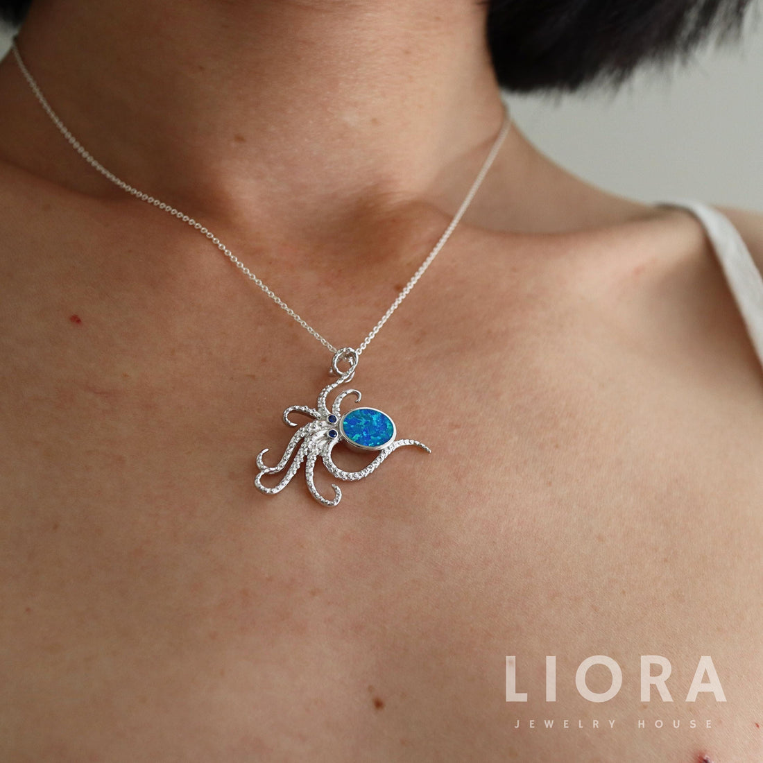 925 Sterling Silver Blue Opal Octopus Pendant Necklace, Octopus Pendant, Opal Octopus Charm, Opal Necklace, Octopus Gift, Squid Pendant