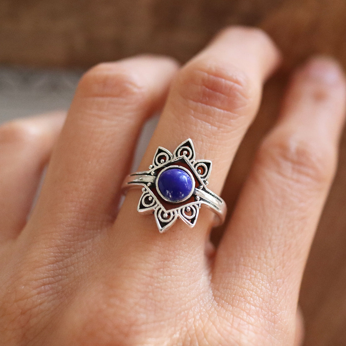 925 Silver Lapis Lazuli Ring, Lapis Lazuli Flower Ring, Floral Ring, Gemstone Ring, Boho Ring, Vintage ring, Lotus Ring, Lapis ring
