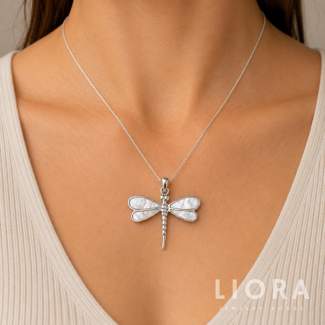Dragonfly Mother of Pearl Necklace, 925 Sterling Silver Dragonfly Pendant, White Shell Necklace, Nature Inspired Jewelry Gift for Her