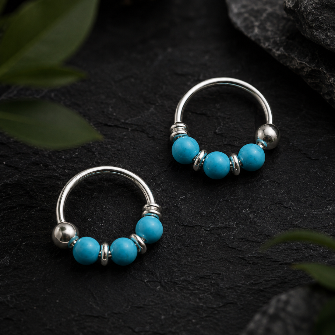 Natural Turquoise Bead Hoop Earrings
