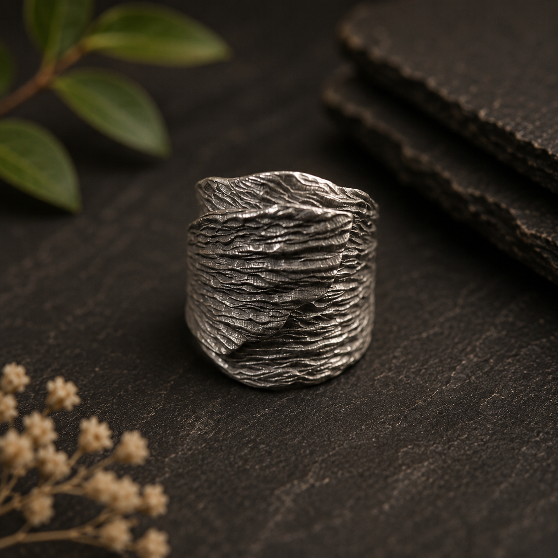 Tree Bark Adjustable Textured Wide Band Statement Ring