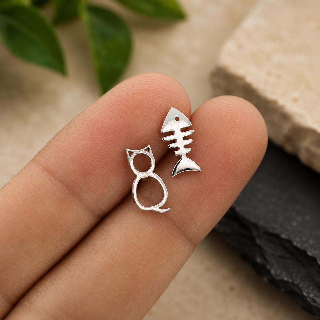 Cat & Fish Bone Stud Earrings