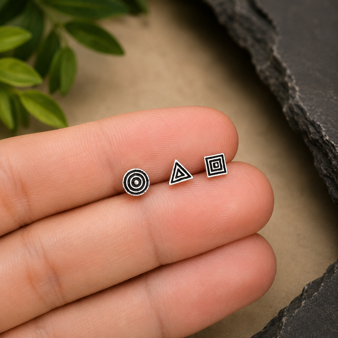 Sterling Silver Geometric Stud Earrings – Circle, Triangle & Square