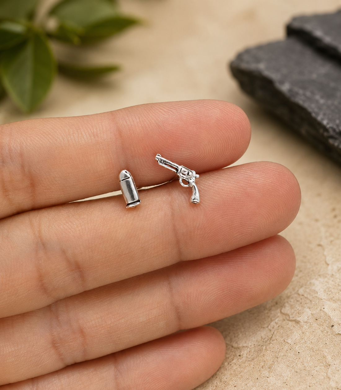 Mismatched Gun & Bullet Stud Earrings