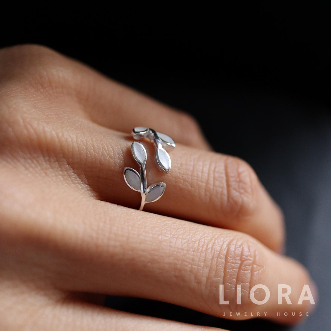 Pearl Olive Branch Adjustable Ring, Open ring, Pearl Wrap Ring, Stacking Ring, Pearl Silver Ring, Leaf Ring, Gift For Her, MOP Leaf Ring