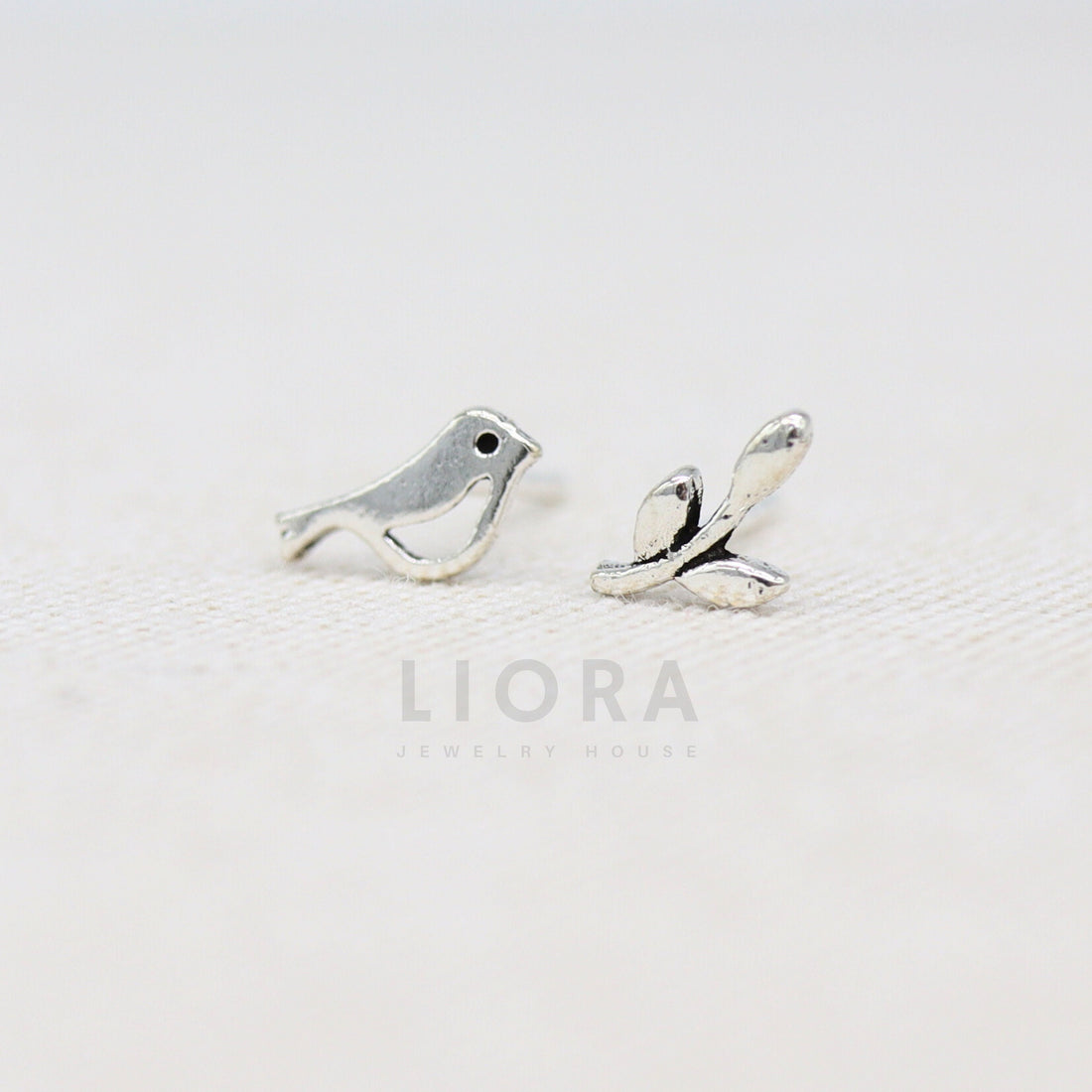 925 Sterling Silver Mismatched Bird Leaf Stud Earrings, Bird Earrings, Tiny Bird Earrings, Leaf Earrings, Olive Earrings, Bird Gift