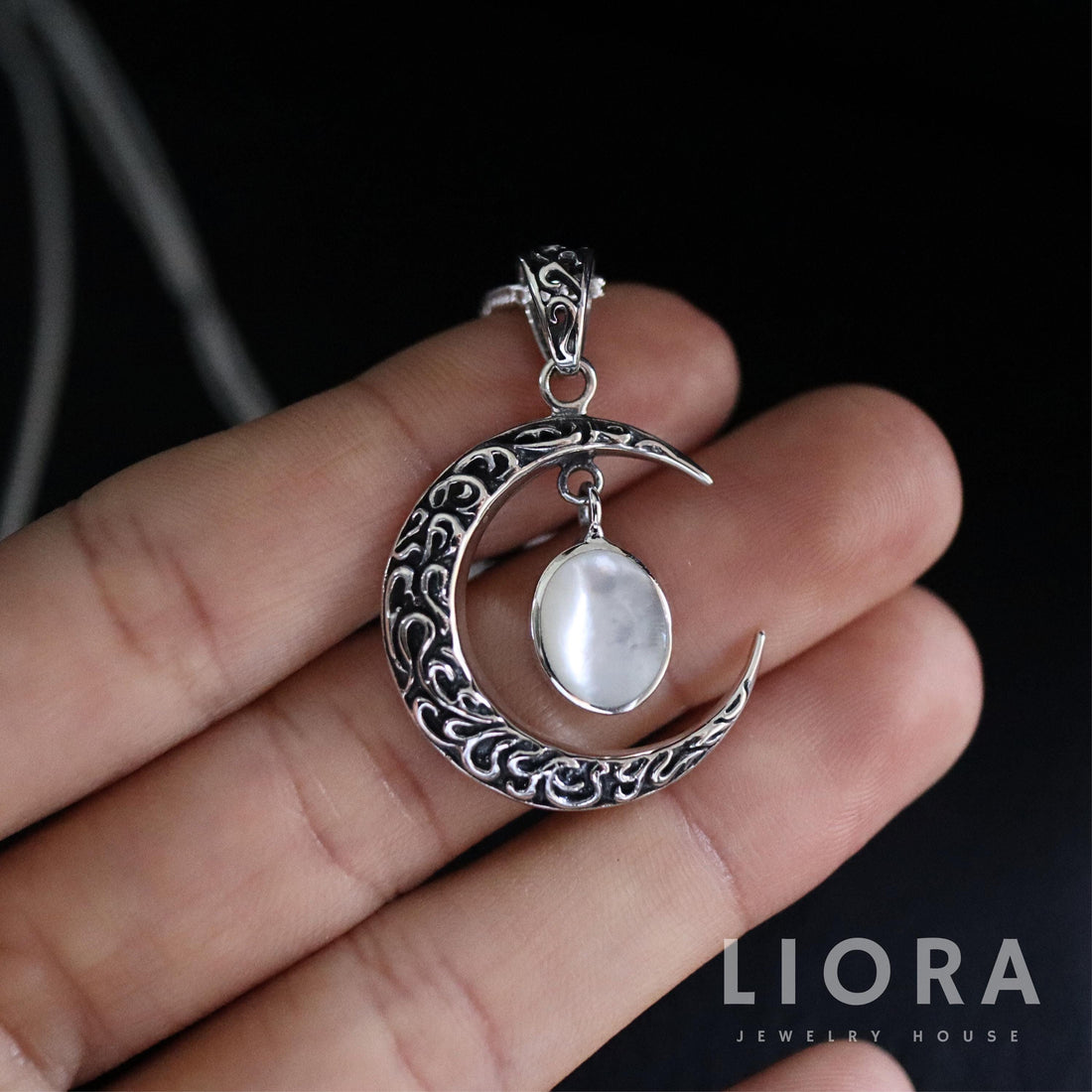925 Sterling Silver Crescent Moon Pendant Necklace, Pearl Abalone Moon Pendant, Boho Moon, Large Crescent Moon, gift for Her, Filigree moon