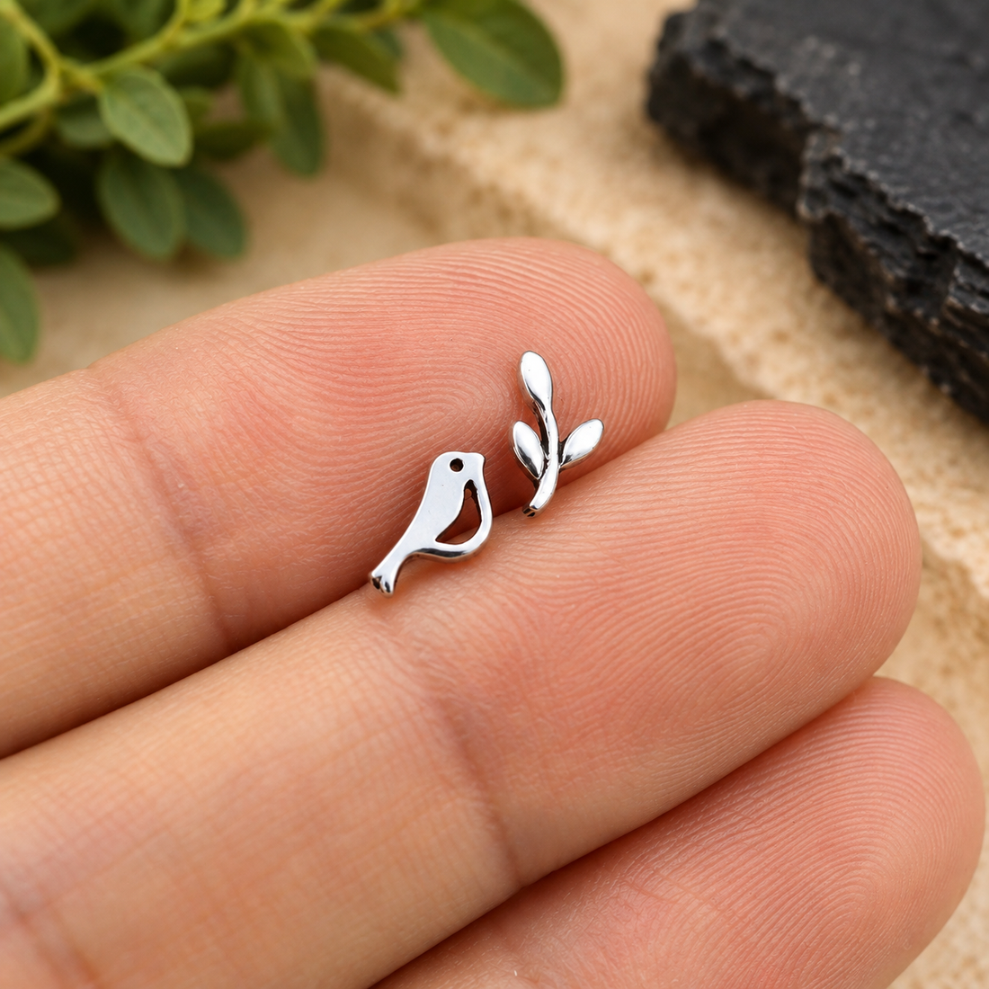 Mismatched Bird &amp; Leaf Stud Earrings