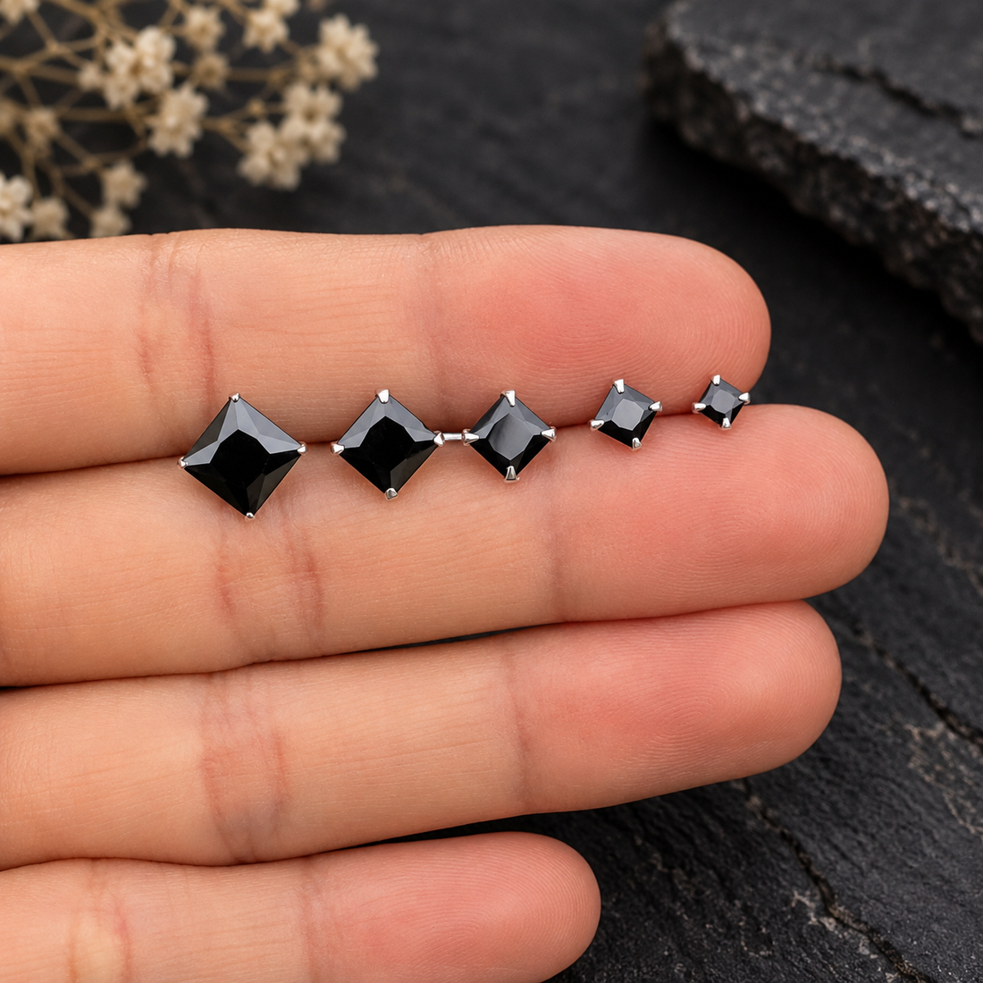 Onyx CZ Princess Cut Stud Earrings