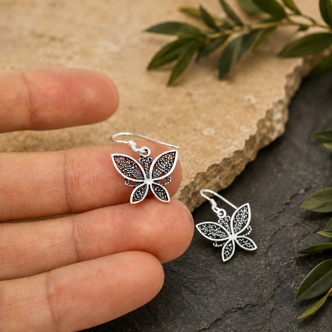 Oxidized Filigree Butterfly Drop Earrings