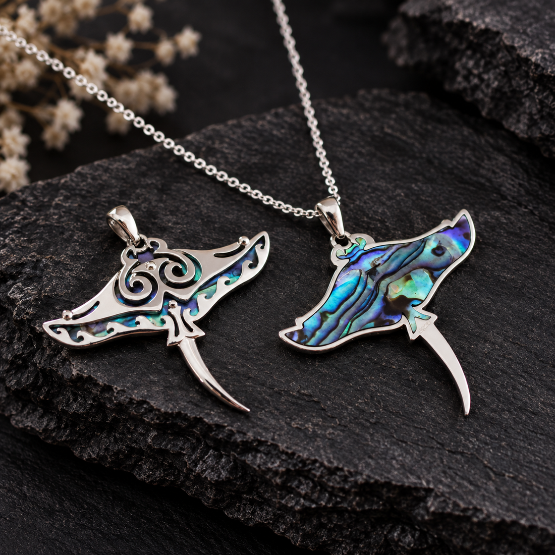 Tribal Abalone Manta Ray Pendant