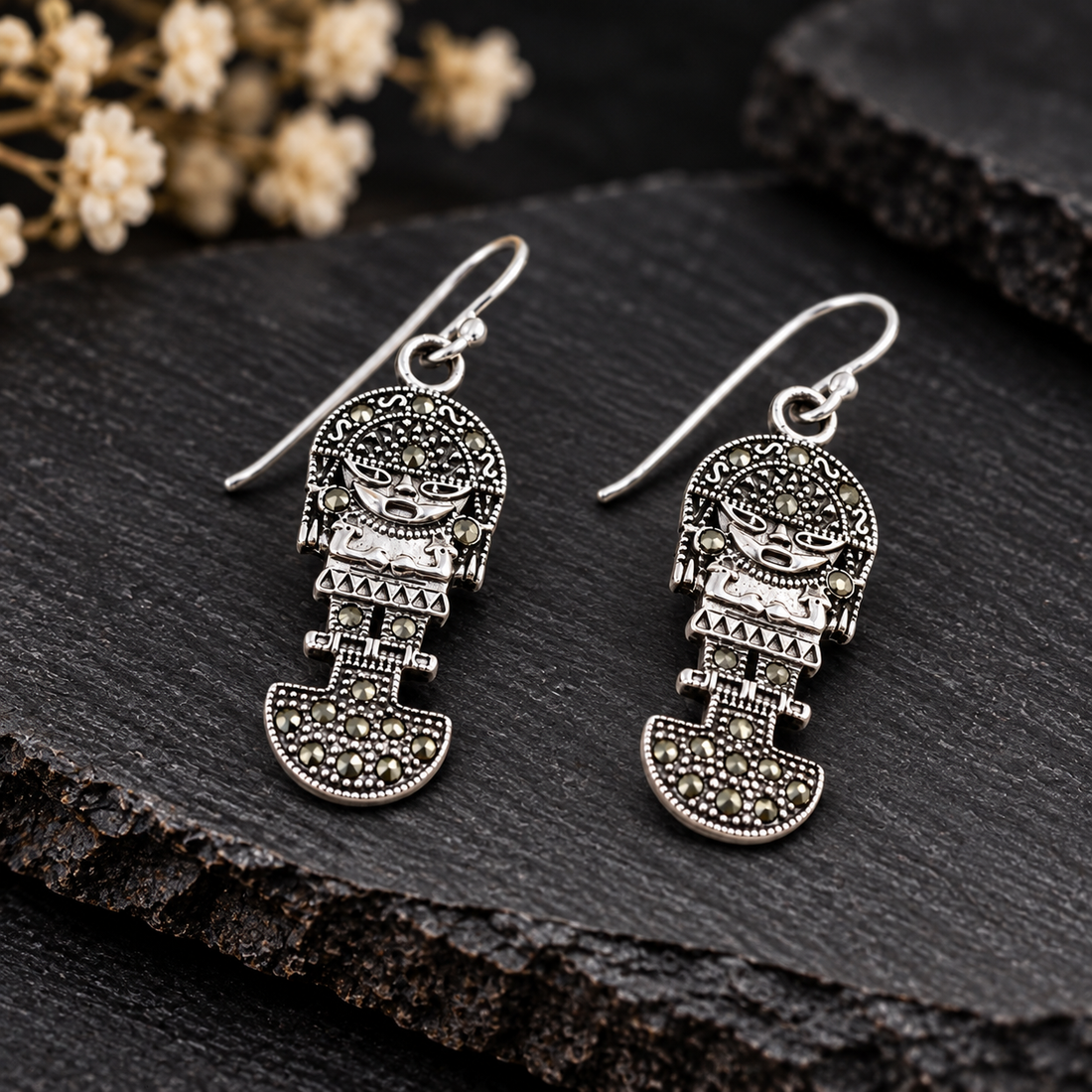 Marcasite Sun God Tumi knife Earrings