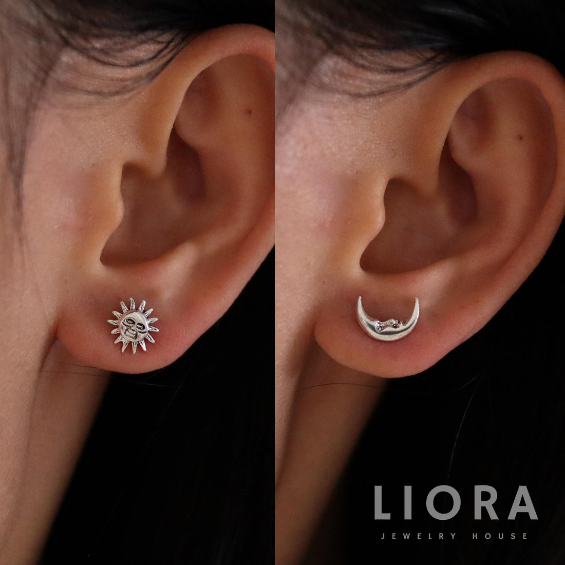925 Sterling Silver Moon Sun Stud Earrings, Moon Earrings, Sun Earrings, Mismatched Moon Sun, Celestial Boho Gypsy, Crescent Moon