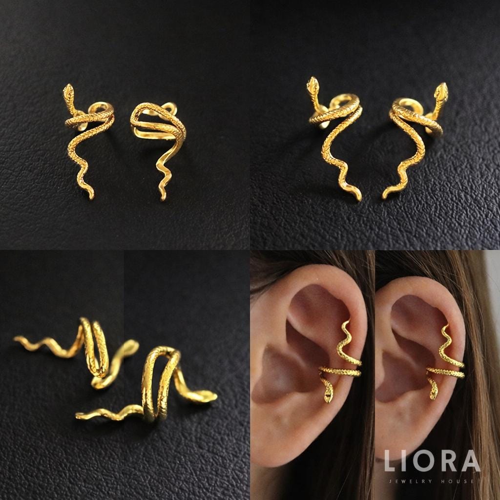 Gold Snake Ear Cuff, 925 Sterling Silver Snake Earring, No Piercing Ear Cuff, Serpent Ear Wrap, Minimal Statement Jewelry