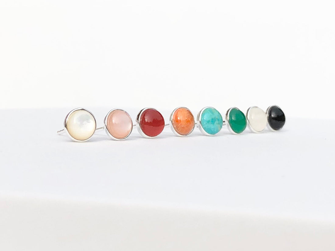 Natural Gemstone round stud earrings, round earrings, Moonstone, Turquoise, Pearl, Black Onyx, coral, green red agate, real gemstone earring