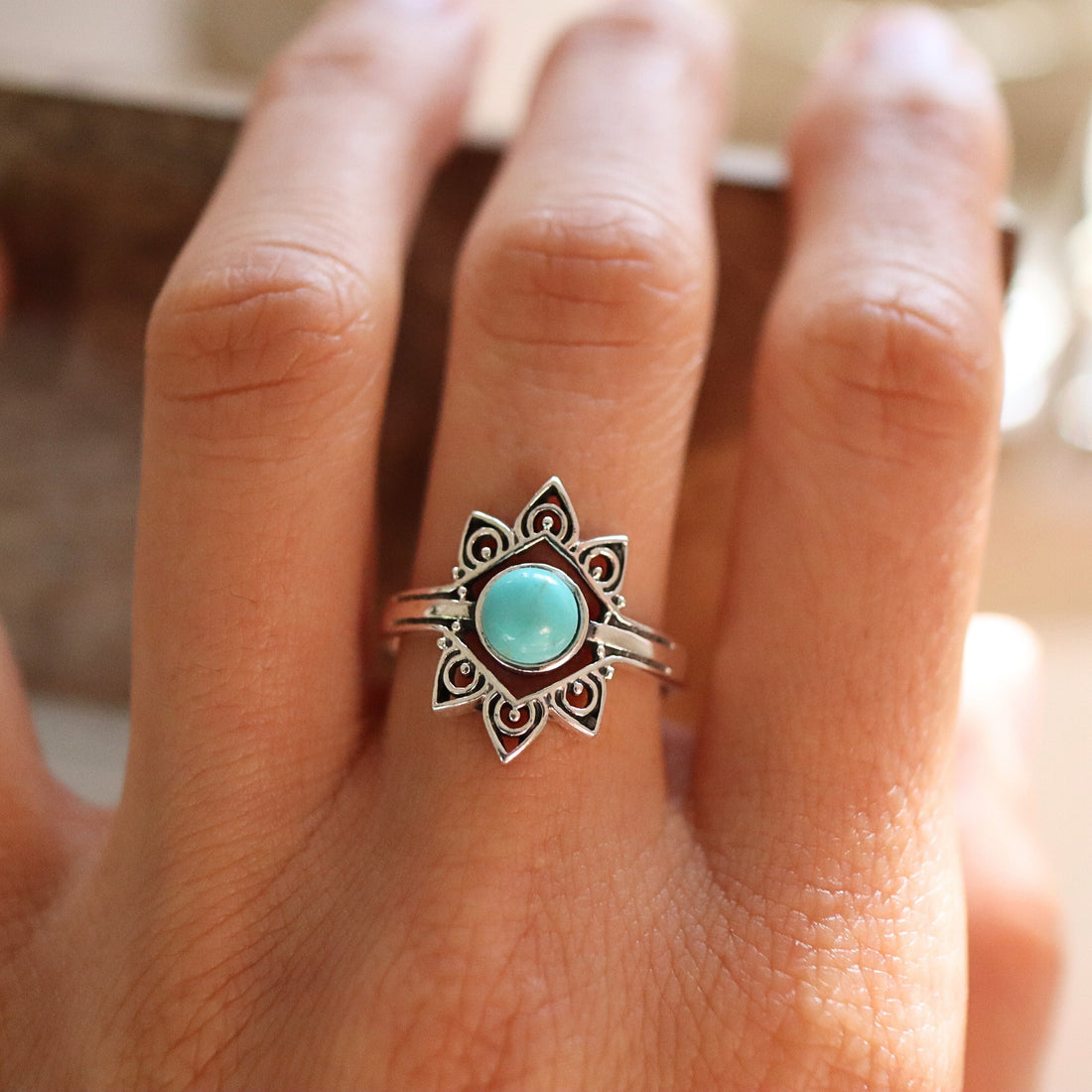 Turquoise Flower Gemstone Ring, Flower Ring, Turquoise Ring, Boho Ring, Stacking Ring, Turquoise Gift, Vintage Ring, Floral Ring