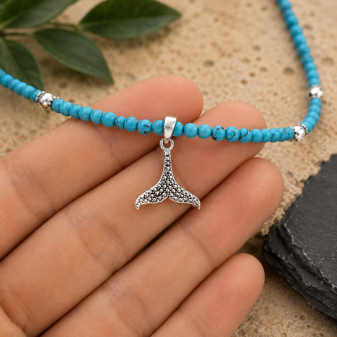 Turquoise Beaded Necklace with Sterling Silver Whale Tail Charm