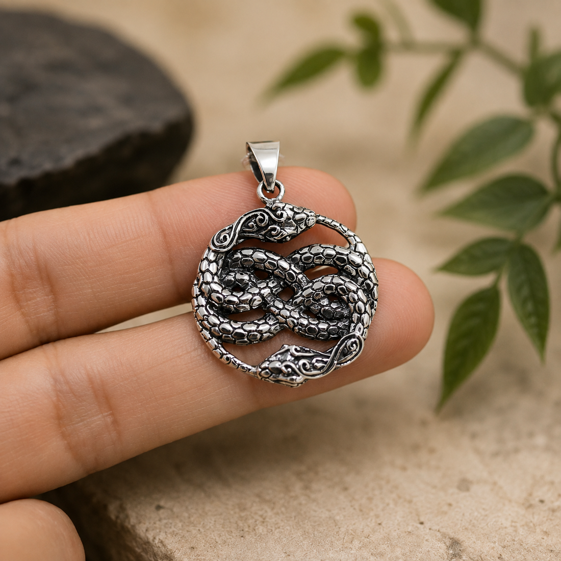Oxidized Celtic Ouroboros Snake Pendant