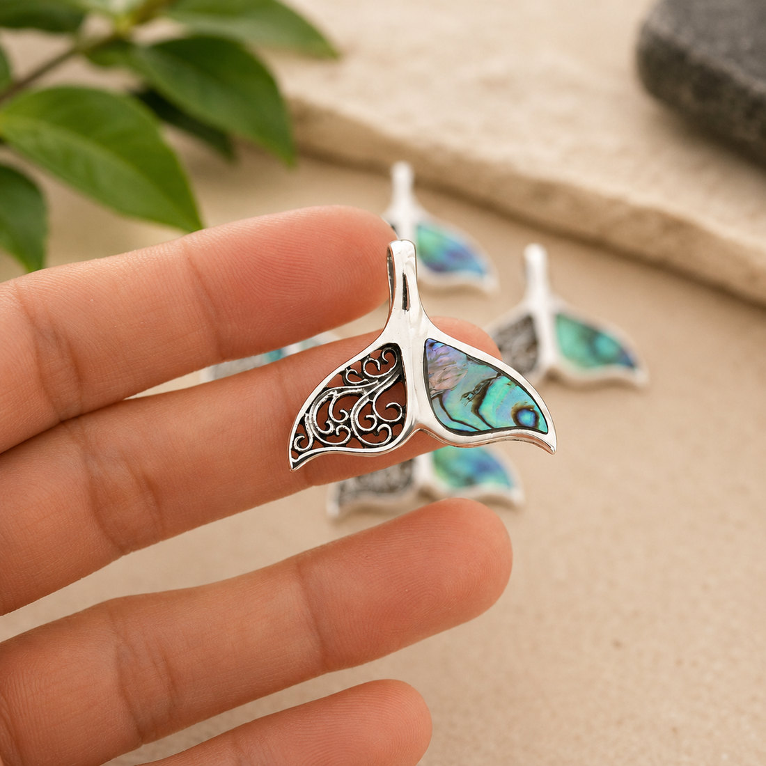 Abalone Half Filigree Whale Tail Pendant