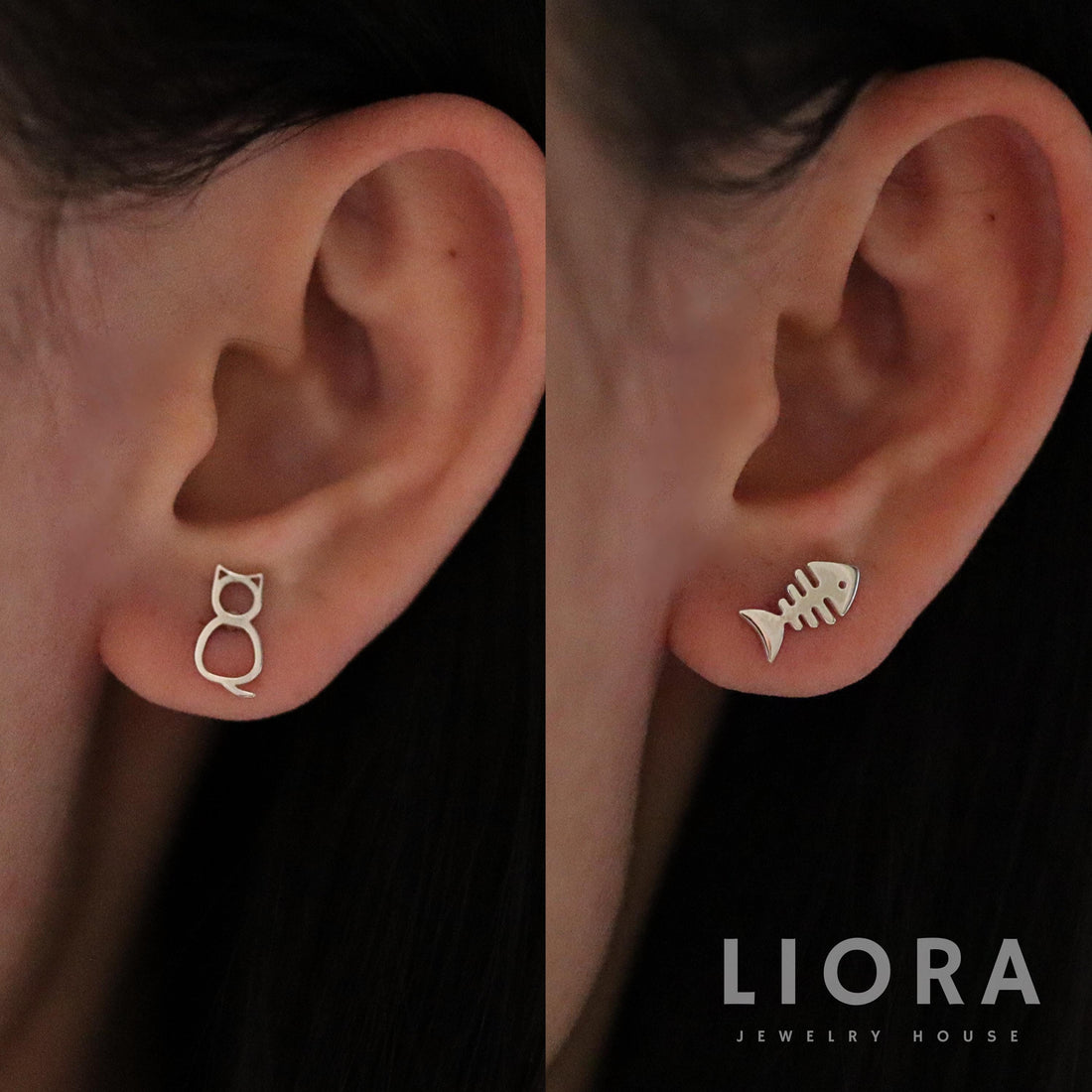 925 Sterling Silver Mismatched Fishbone and Cat Stud Earrings, Fish Earring, Cat Earring, Animal Studs, Kid Earrings, cat lover gift