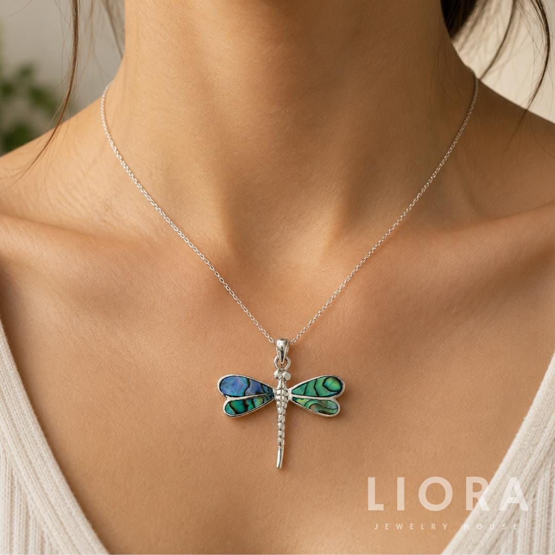 Dragonfly Abalone Necklace, 925 Sterling Silver Dragonfly Pendant, Blue Green Paua Shell Jewelry, Nature Lover Gift, Dragonfly Charm