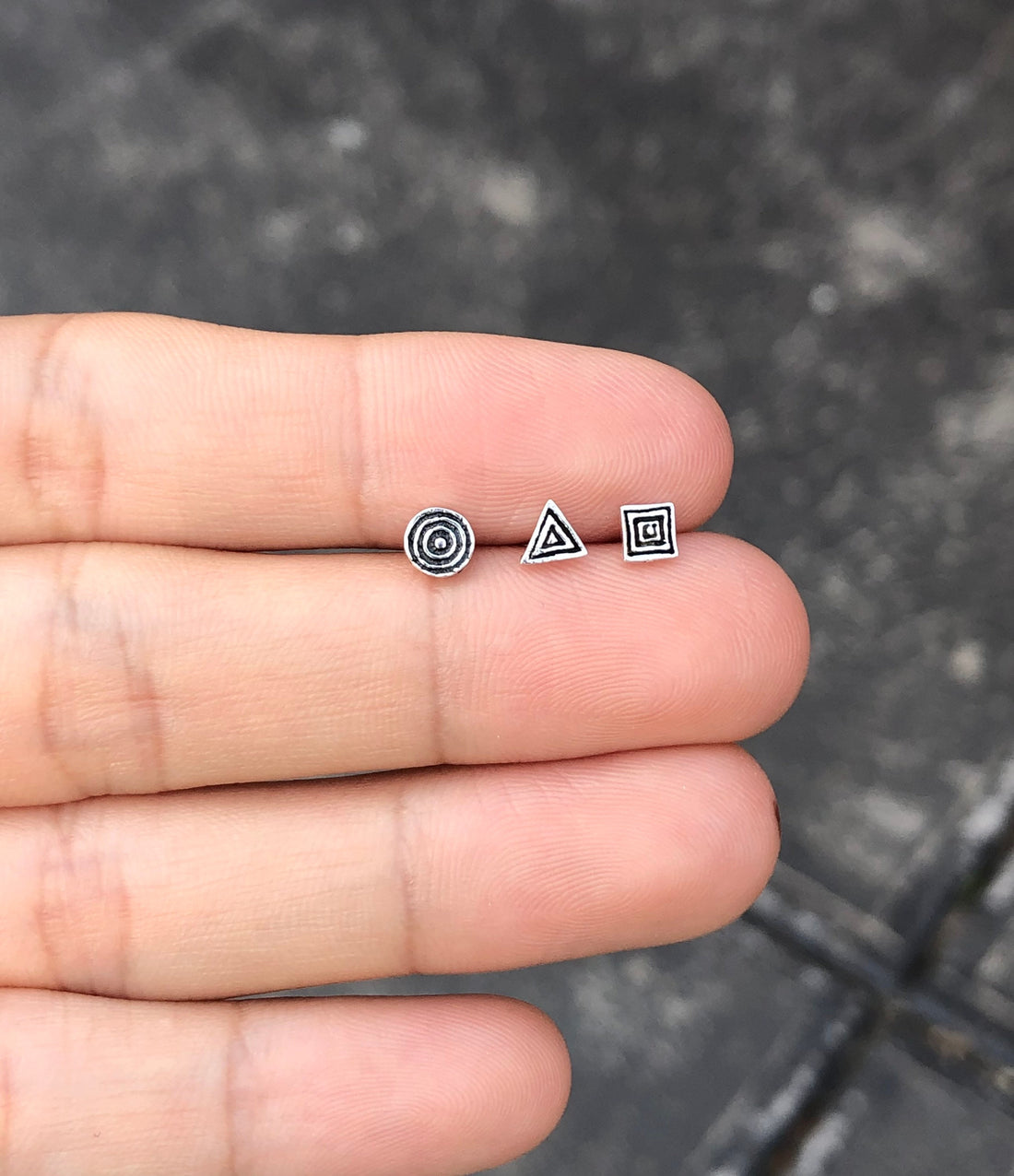 Triangle square circle stud earrings, geometric stud earrings, geometric spiral stud earrings, silver round studs, triangle studs, mini stud