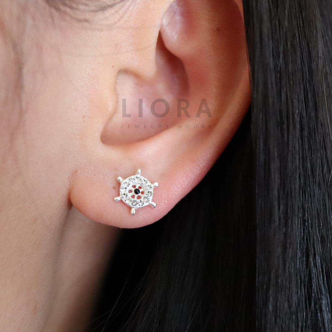 925 Sterling Silver Mismatched Anchor and Steering Wheel Stud Earrings Decorated with CZ Simulated Diamonds, Anchor Earrings, Wheel Earrings