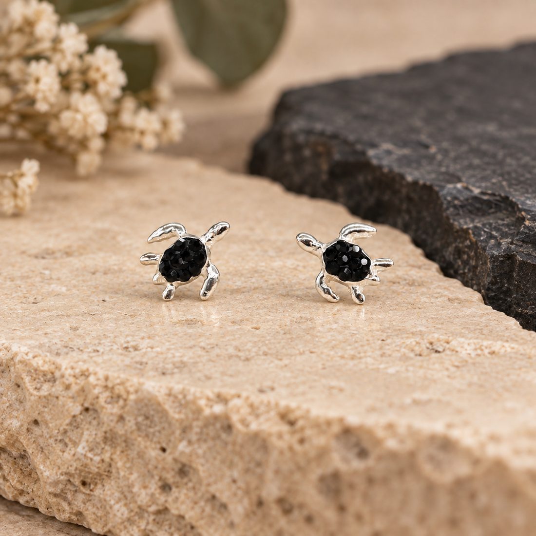 Turtle Stud Earrings Decorated with CZ