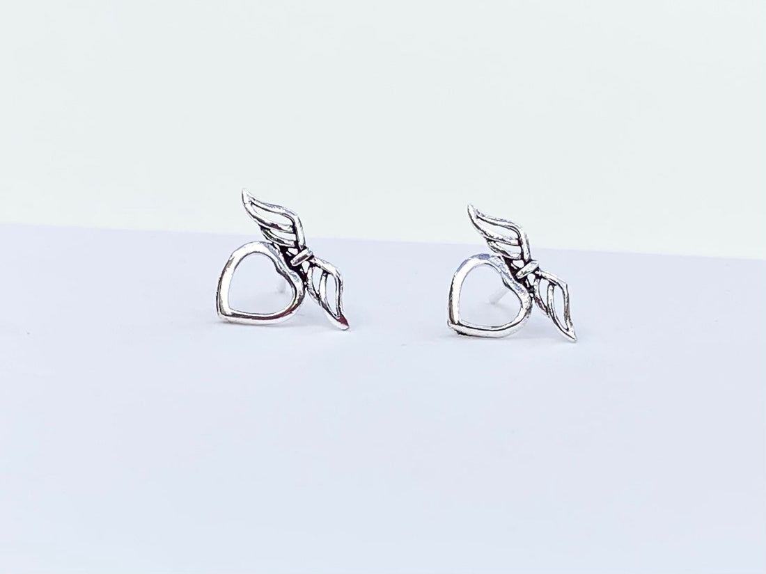 925 Sterling silver heart wing earrings, heart angel wings earrings, wing earrings, heart earrings, heart wing jewelry, gift for her, heart