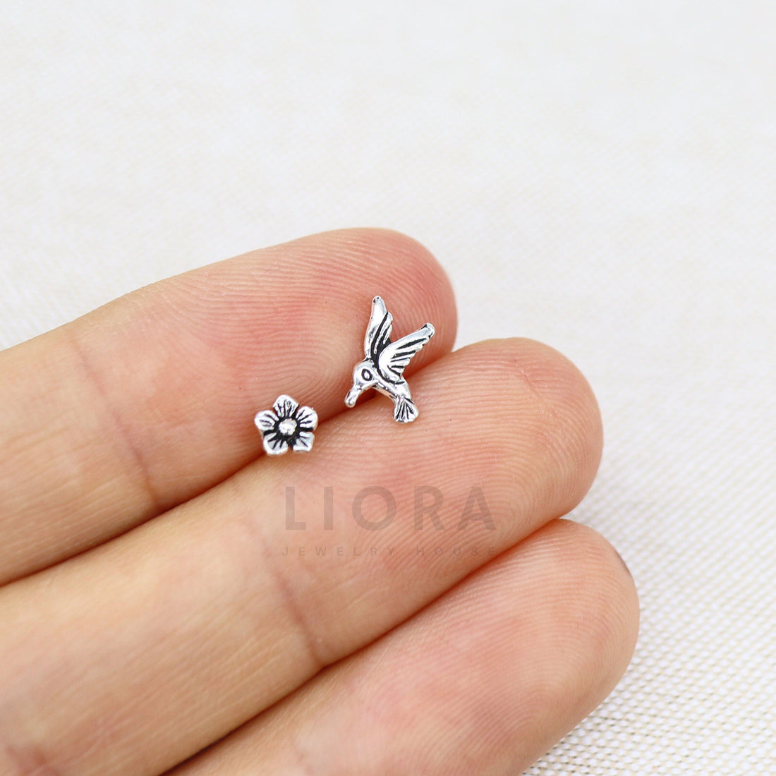 925 Sterling Silver Mismatched Hummingbird Flower Stud Earrings, Hummingbird Earring, Bird Earrings, Flower Earrings