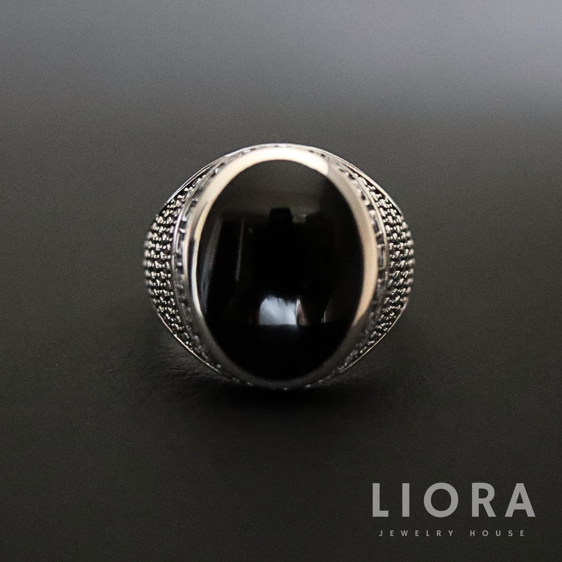 Men’s Sterling Silver Black Onyx Signet Ring, Greek Key Band, Vintage Style Silver Ring, Bold Statement Ring, Gift for Him, Onyx Ring