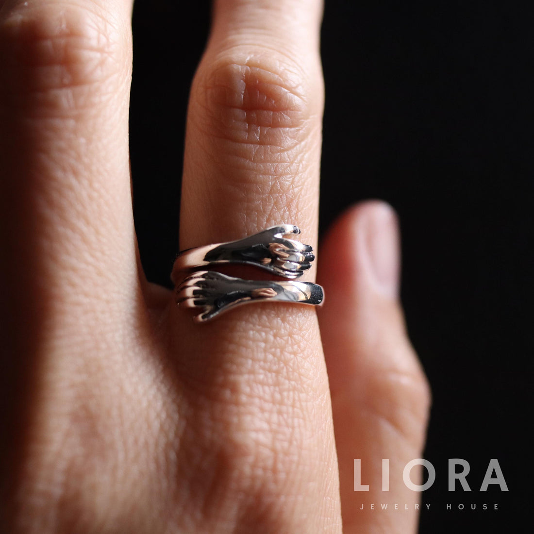 925 Sterling Silver Hand Wrap Ring, Double Hand Open Ring, Polished Adjustable Hug Ring,  Minimalist Statement Silver Jewelry Gift