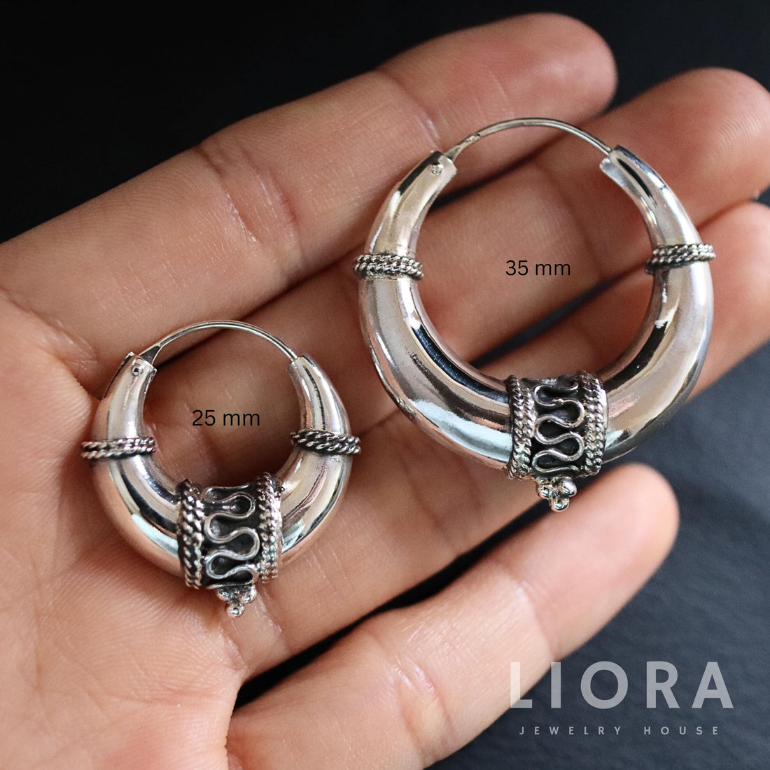 925 Sterling Silver Tribal Hoop Earring, Bali Hoop Earrings, 25mm 35mm Hoop, Thick Chunky Earrings, bohemian Earrings, Hill Tribe Hoops