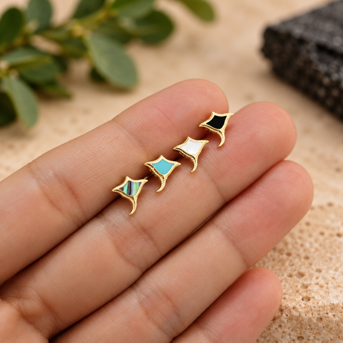 Gold Plated Tiny Manta Ray Stud Earrings
