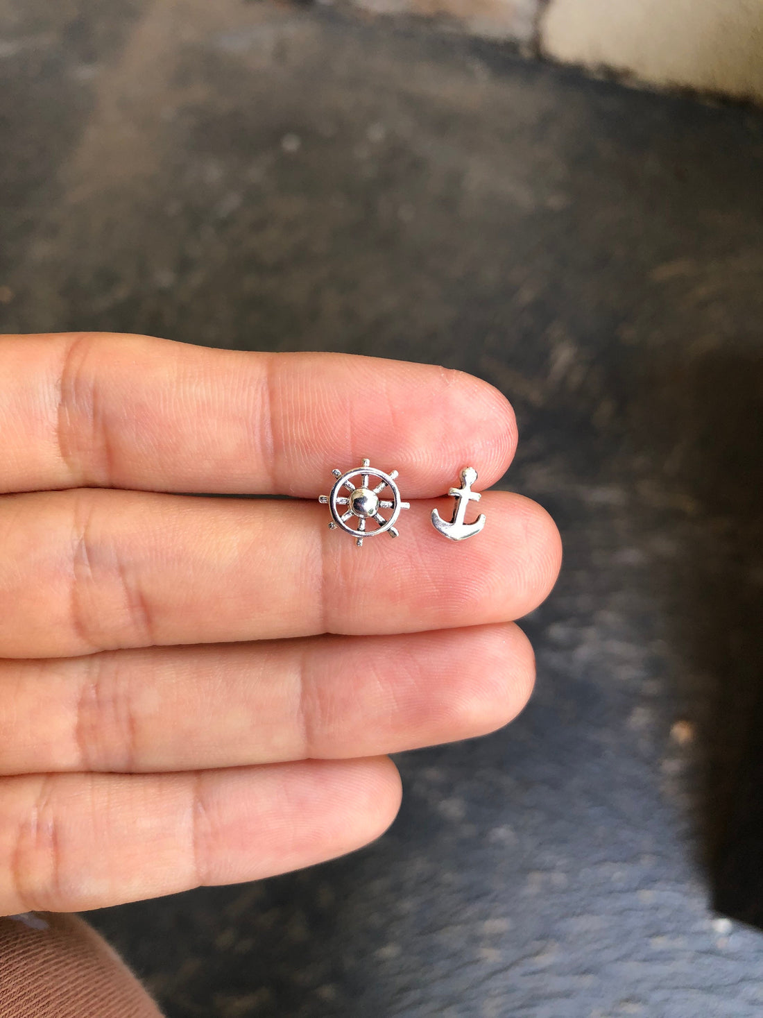 925 Sterling Silver Anchor and Ship Wheel Stud Earrings, Nautical Earrings, Ship Wheel Earrings, anchor earrings, Ship earrings, anchor gift