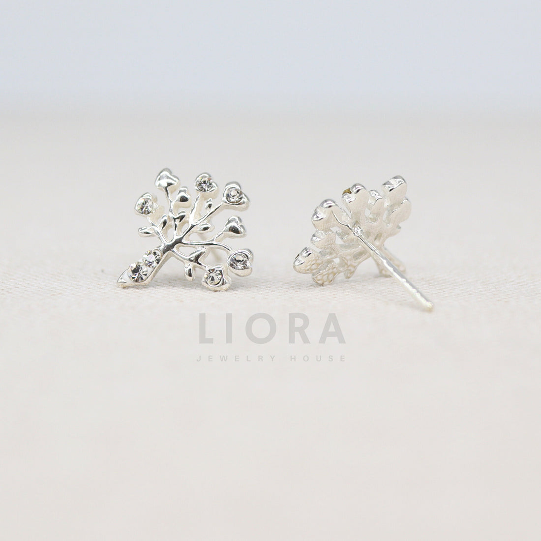 925 Sterling Silver Heart Tree Stud Earrings Decorated with CZ Simulated Diamonds, Tree Earrings, Plant Earrings, Heart Tree