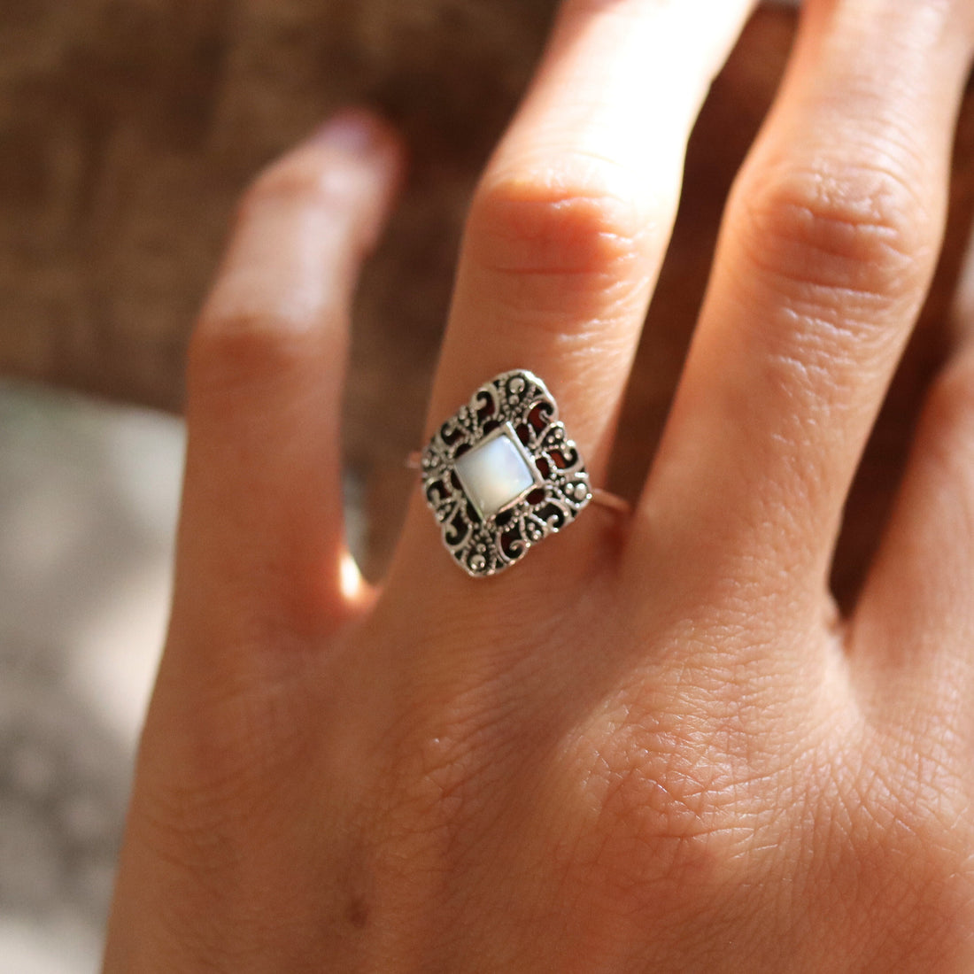 Pearl Silver Ring, Floral Ring, Stacking Ring, Bridal Ring, Filigree Ring, Square Silver Ring, Engagement Ring, Silver Flower Ring