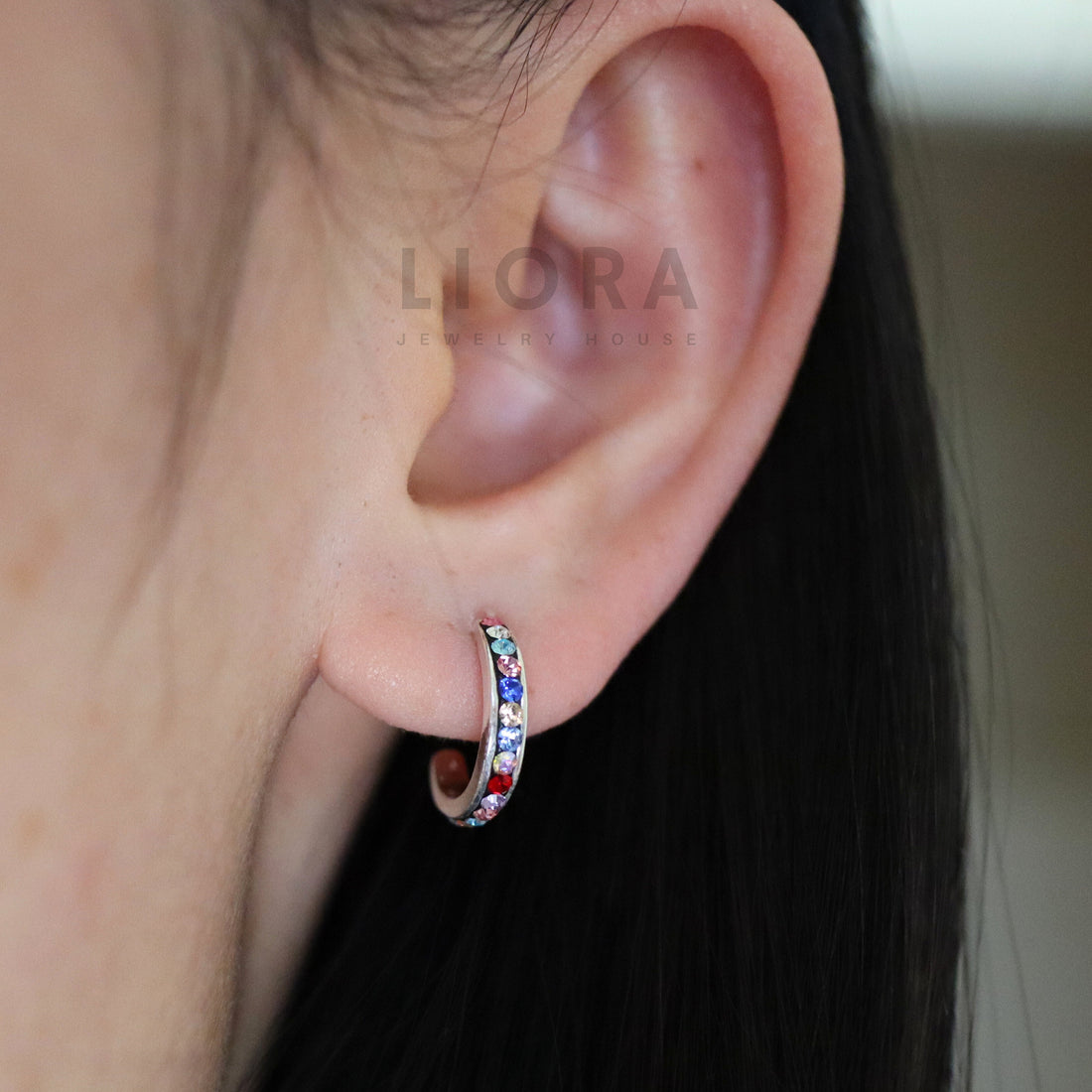 925 Sterling Silver Hoop Decorated with CZ Crystal, CZ Hoop Earrings, Crystal Earrings, Bridal Hoop, Rainbow Hoop Earrings, Rainbow Earrings