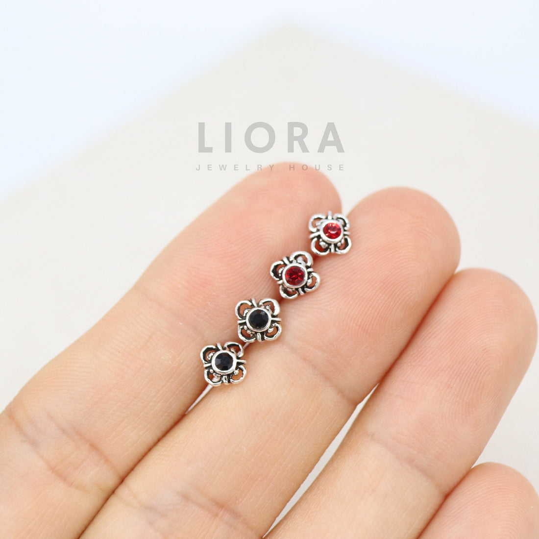 925 Sterling Silver Square Flower Stud Earrings Decorated with Black Onyx and CZ, Cz Earrings, Boho Earrings, Flower Earrings, Small Flower