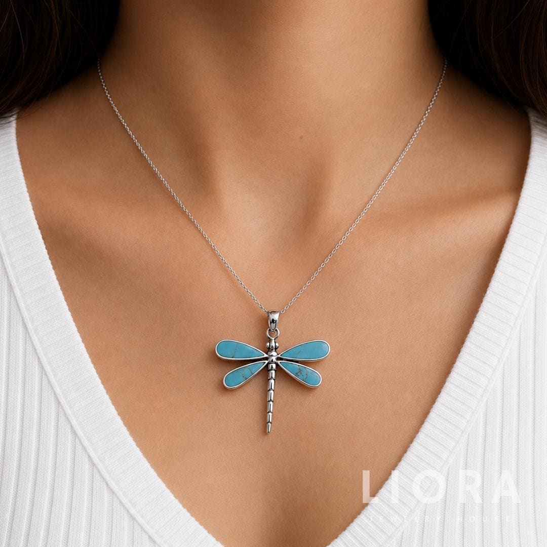 Dragonfly Turquoise Pendant Necklace – 925 Sterling Silver Dragonfly Charm, Turquoise Inlay Necklace, Nature Inspired Jewelry, Gift for Her