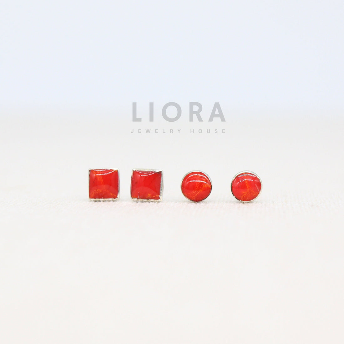 4mm Round Square Red Coral Stud Earrings, Coral Earrings, Circle Earrings, Square Earrings, Gemstone Earrings
