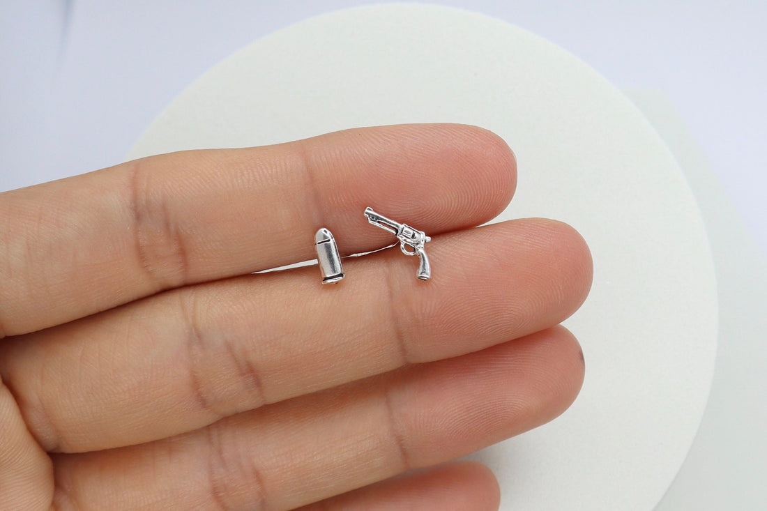 925 Sterling silver gun and bullet stud earrings, gun earrings, bullet earrings, tiny gun, tiny bullet, pistol earrings, hand gun, mismatch