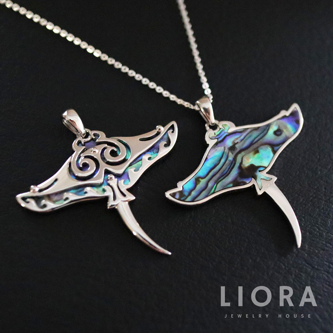 925 Sterling Silver Manta Ray Pendant, Abalone Shell Necklace, Ocean Jewelry, Stingray Pendant, Tribal Design Option, Gift for Her/Him