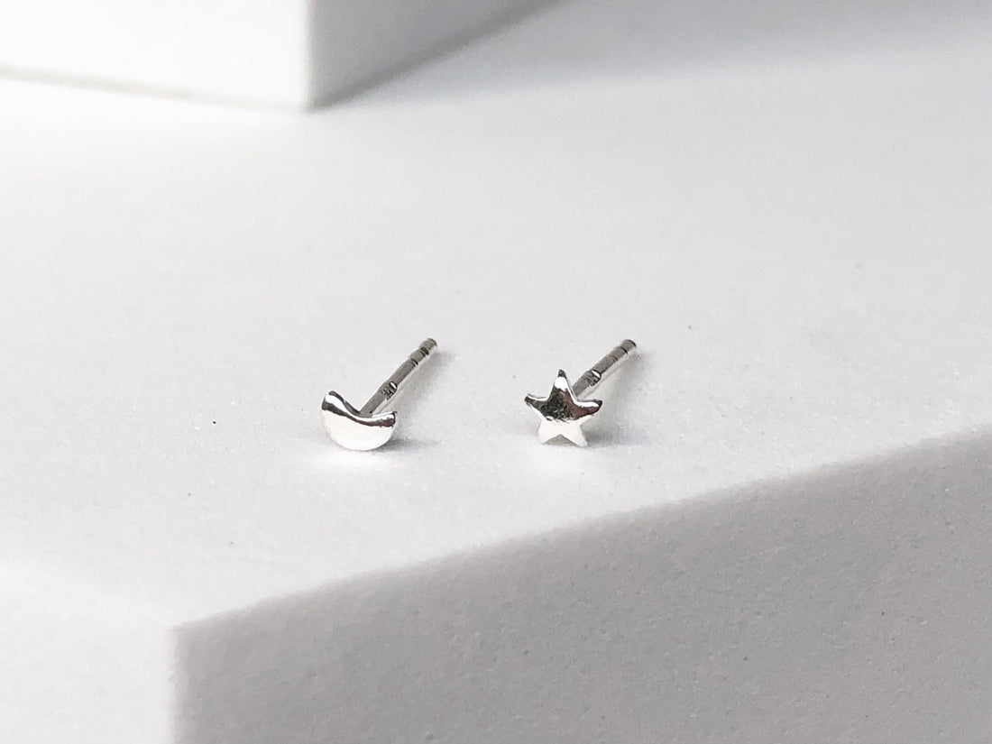 925 Sterling silver tiny moon star stud earrings, tiniest moon star earrings, moon earrings, star earrings, mismatched moon star, kid studs