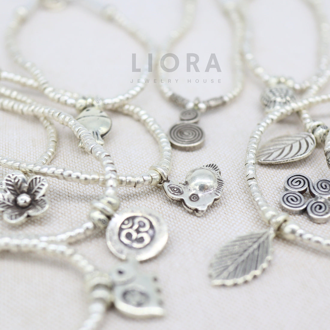 Pure Silver Beaded Bracelet with Charm, Silver Ball Bracelet, Elephant Bracelet, Flower Bracelet, Beaded Bracelet, Bracelet Gift