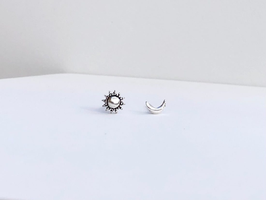 925 Sterling silver sun moon earrings, crescent moon sun earrings, mismatched sun moon earrings, crescent moon, small moon, sun, tiny moon