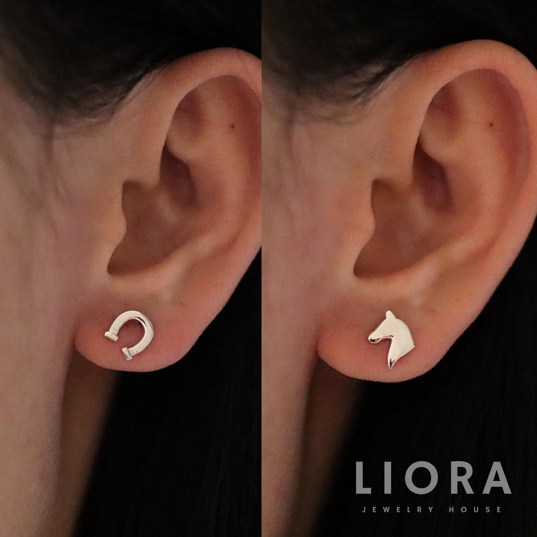 925 Sterling Silver Mismatched Horse & Horseshoe Stud Earrings, Horse Earring, Horseshoe Earring, Animal Earring, Horse Lover Gift